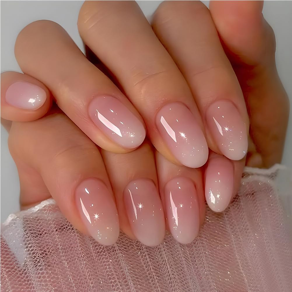 24Pcs Acrylic Almond Press on Nails Short round Fake Nails White Ombre False Nails with Almond Shape Press on Nails Designs Nails Press on Artificial Nails Stick on Nails for Women Girls