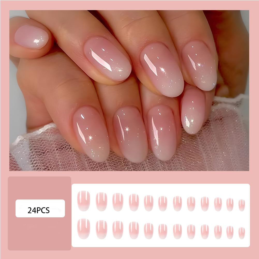 24Pcs Acrylic Almond Press on Nails Short round Fake Nails White Ombre False Nails with Almond Shape Press on Nails Designs Nails Press on Artificial Nails Stick on Nails for Women Girls